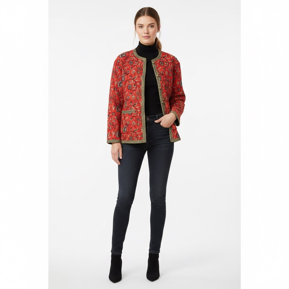 Orvis Women’s Quilted Floral/Black Reversible Kimono Asian Inspired Jacket SZ M